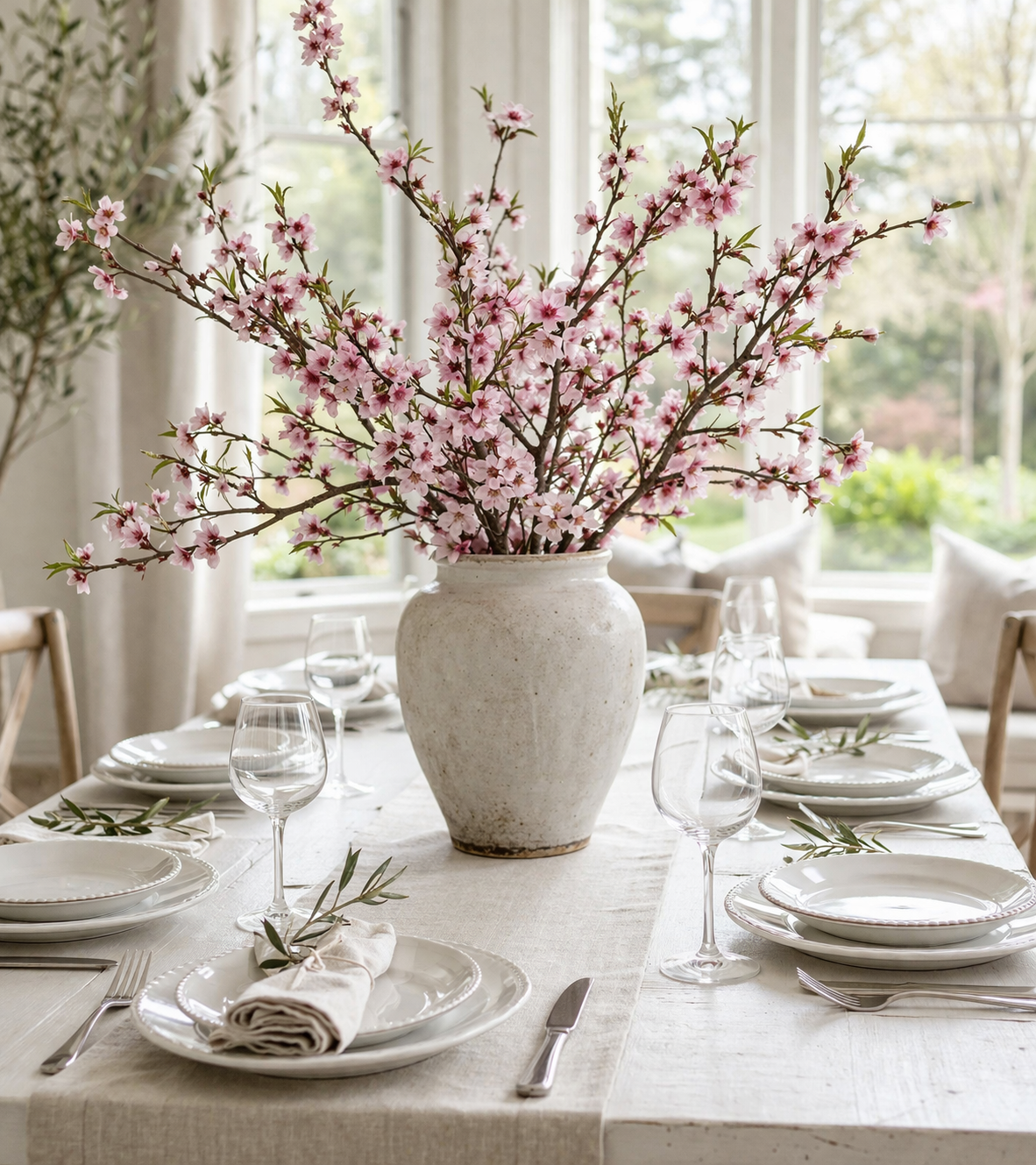 Tavola di Pasqua apparecchiata con grande vaso e rami di ciliegio fioriti come centrotavola elegante