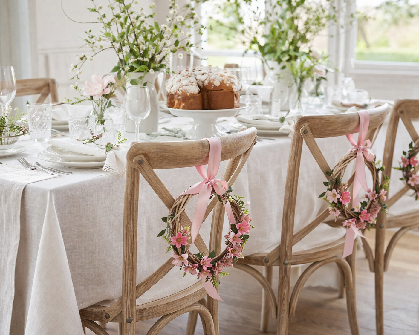 Tavola di Pasqua apparecchiata con tovaglia di lino bianco, colomba e sedie decorate con ghirlande e nastro rosa