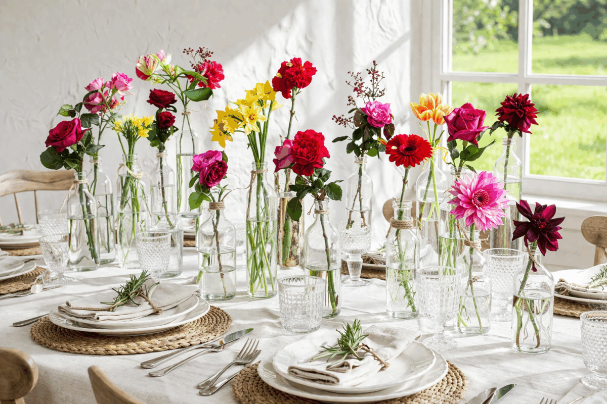 Tavola apparecchiata con bottiglie di vetro e fiori colorati come centrotavola davanti a parete bianca con finestra