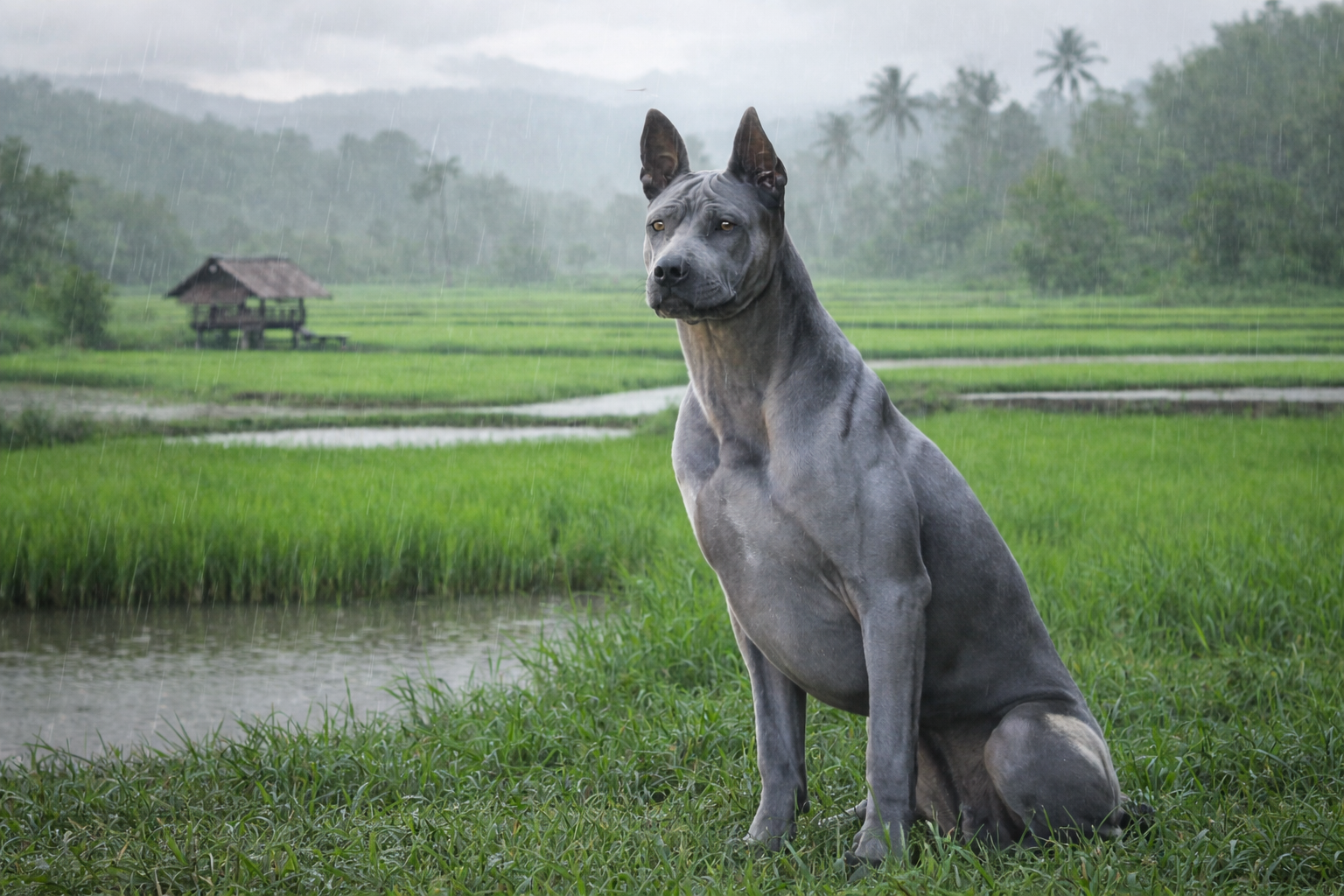 Thai Ridgeback grigio seduto su prato davanti a risaia thailandese sotto la pioggia