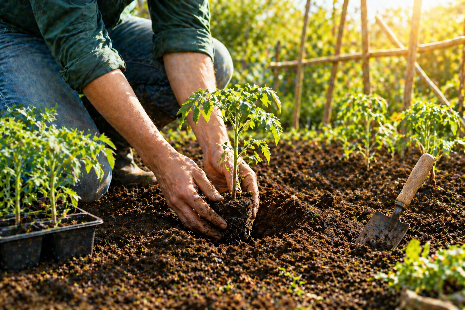 Persona che trapianta piantine di pomodoro dal semenzaio alla piena terra nell’orto a inizio maggio in una giornata di sole