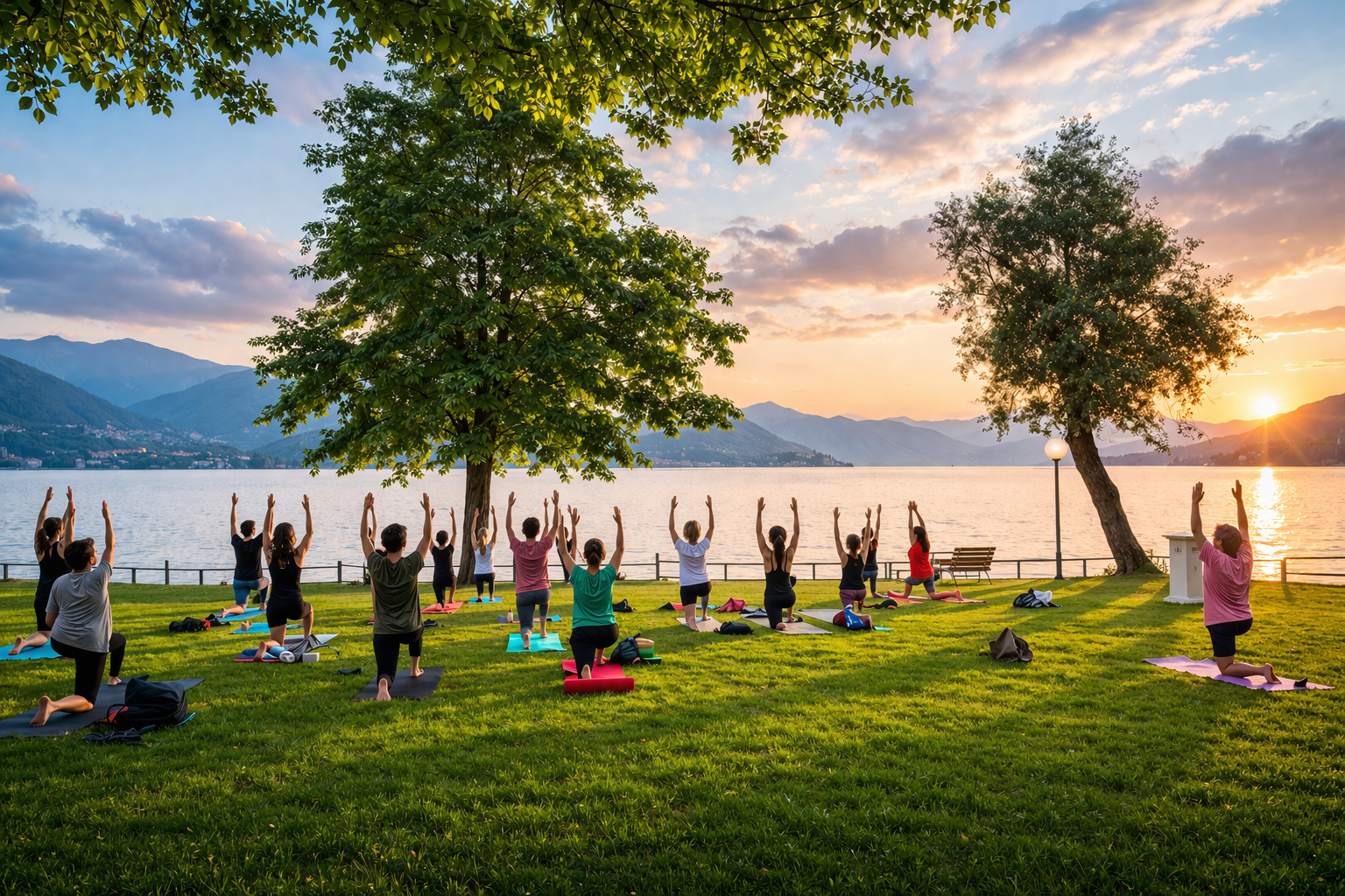 Persone che praticano yoga all’aperto su prato verde vicino a un lago al tramonto con luce solare calda e natura