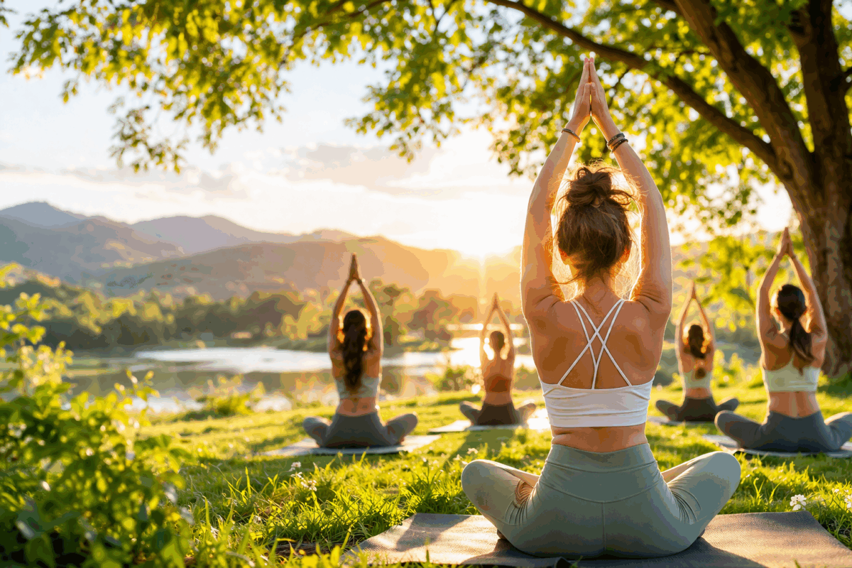 Gruppo di persone che praticano yoga all’aperto in un parco al tramonto con luce solare e natura rigogliosa