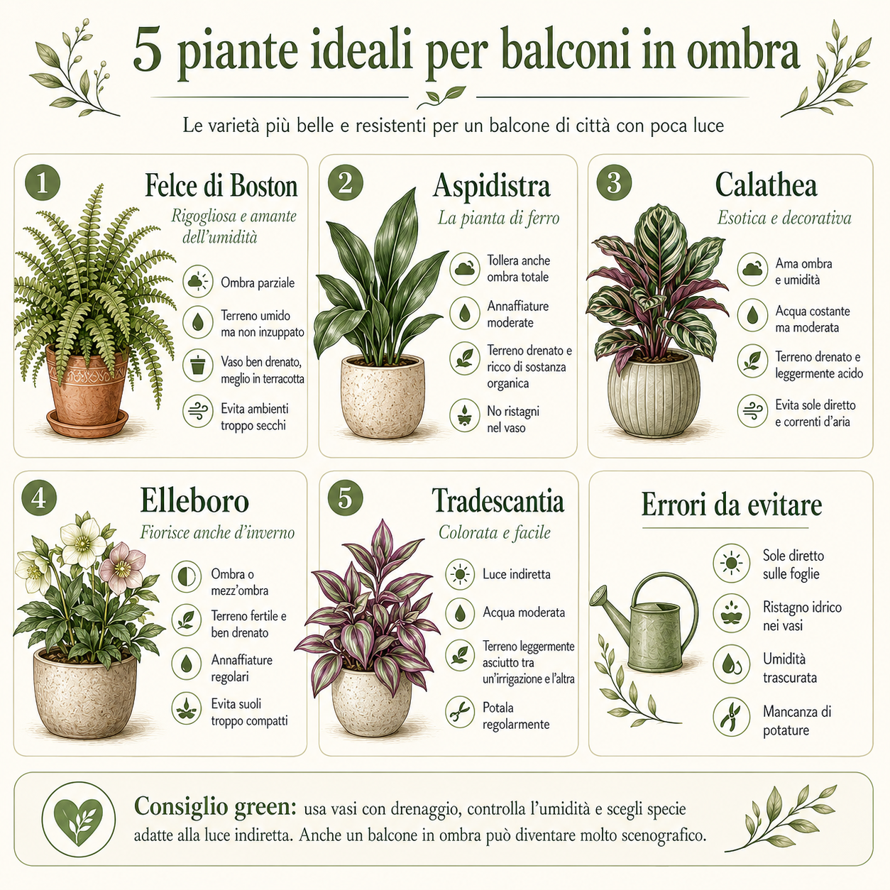 Infografica botanica con le esigenze principali di felce di Boston, aspidistra, calathea, elleboro e tradescantia, piante adatte a un balcone di città in ombra, con sezione finale sugli errori da evitare