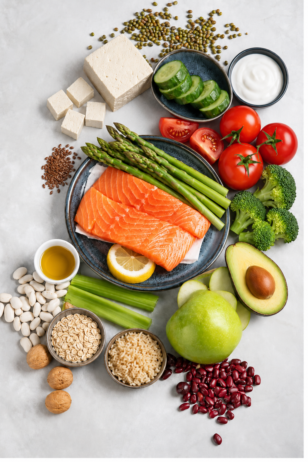 Alimenti a basso tenore di colesterolo che fanno bene al cuore, con salmone, asparagi, avocado, tofu, yogurt, avena, riso integrale, semi di lino, broccoli, pomodori e frutta fresca