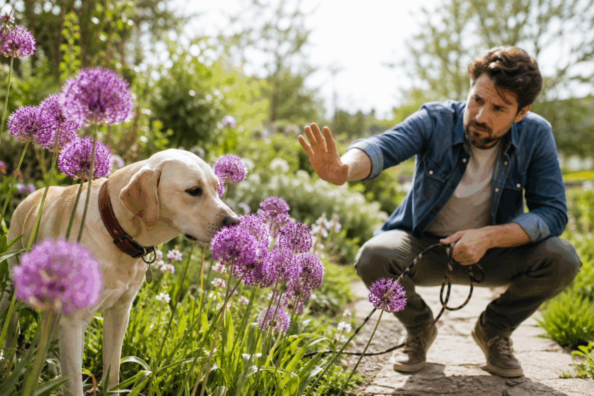 Cane che annusa fiori viola di allium ornamentale in giardino mentre il proprietario lo richiama per evitare il contatto con la pianta tossica