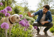 Cane che annusa fiori viola di allium ornamentale in giardino mentre il proprietario lo richiama per evitare il contatto con la pianta tossica