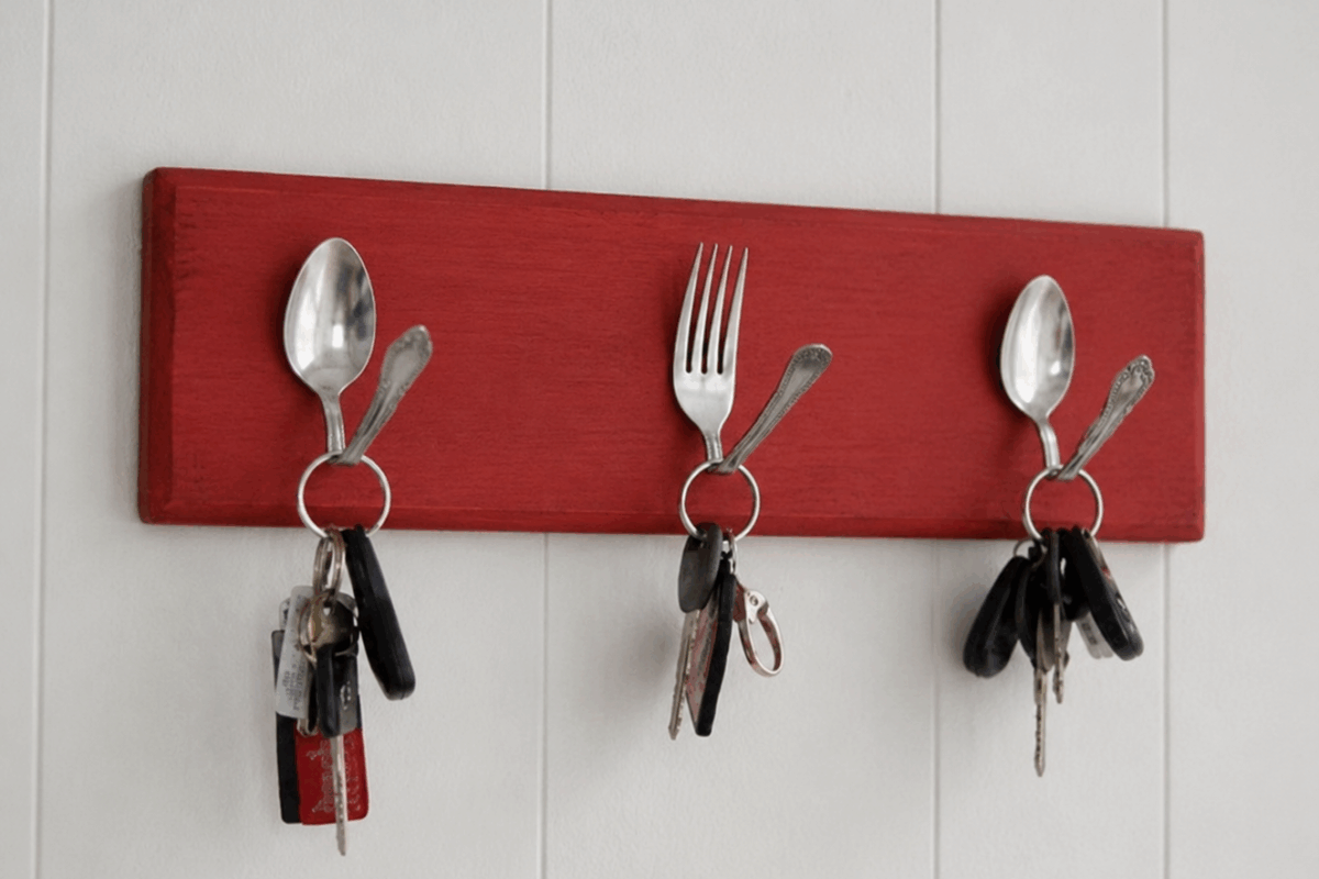 Appendichiavi fai da te realizzato con forchette e cucchiai riciclati montati su una doga di legno rossa, con mazzi di chiavi appesi