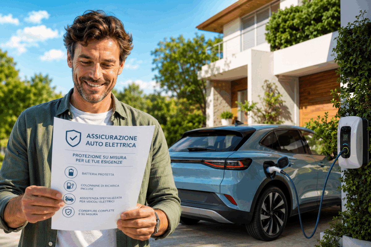 Uomo sorridente controlla il foglio dell’assicurazione per auto elettrica davanti a casa mentre il veicolo è in ricarica alla colonnina domestica