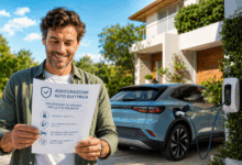 Uomo sorridente controlla il foglio dell’assicurazione per auto elettrica davanti a casa mentre il veicolo è in ricarica alla colonnina domestica