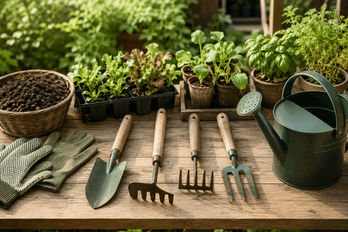 Cinque attrezzi indispensabili per l’orto domestico con annaffiatoio, piantine di ortaggi, guanti da giardinaggio e cesto di compost su un tavolo di legno