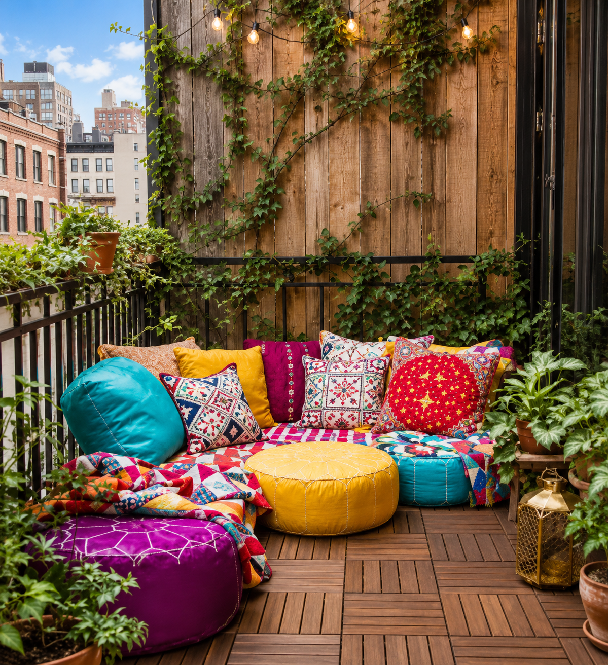 Balconcino di città in stile bohémien orientale, arredato con cuscini colorati, pouf, piante in vaso, parete in assi di legno e parapetto con vista sugli edifici, in atmosfera ombreggiata e accogliente