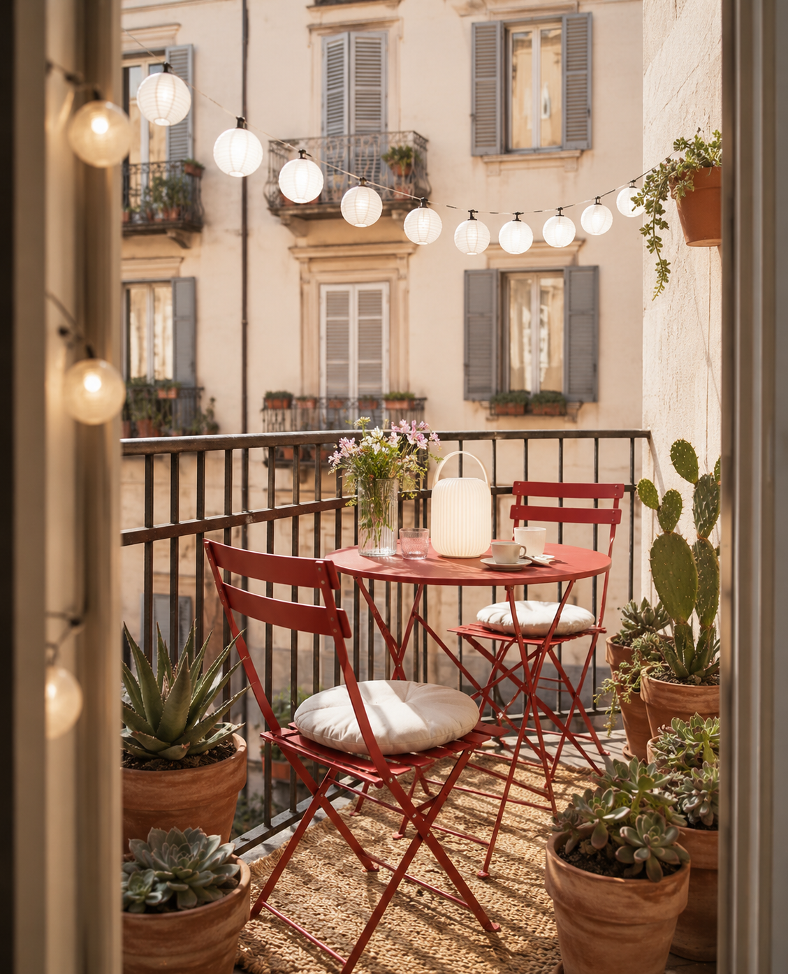 Balconcino di centro città arredato con tavolino e sedie rosse pieghevoli, piante grasse in vasi di terracotta e luminarie sospese, affacciato su edifici con finestre all’italiana e facciate chiare