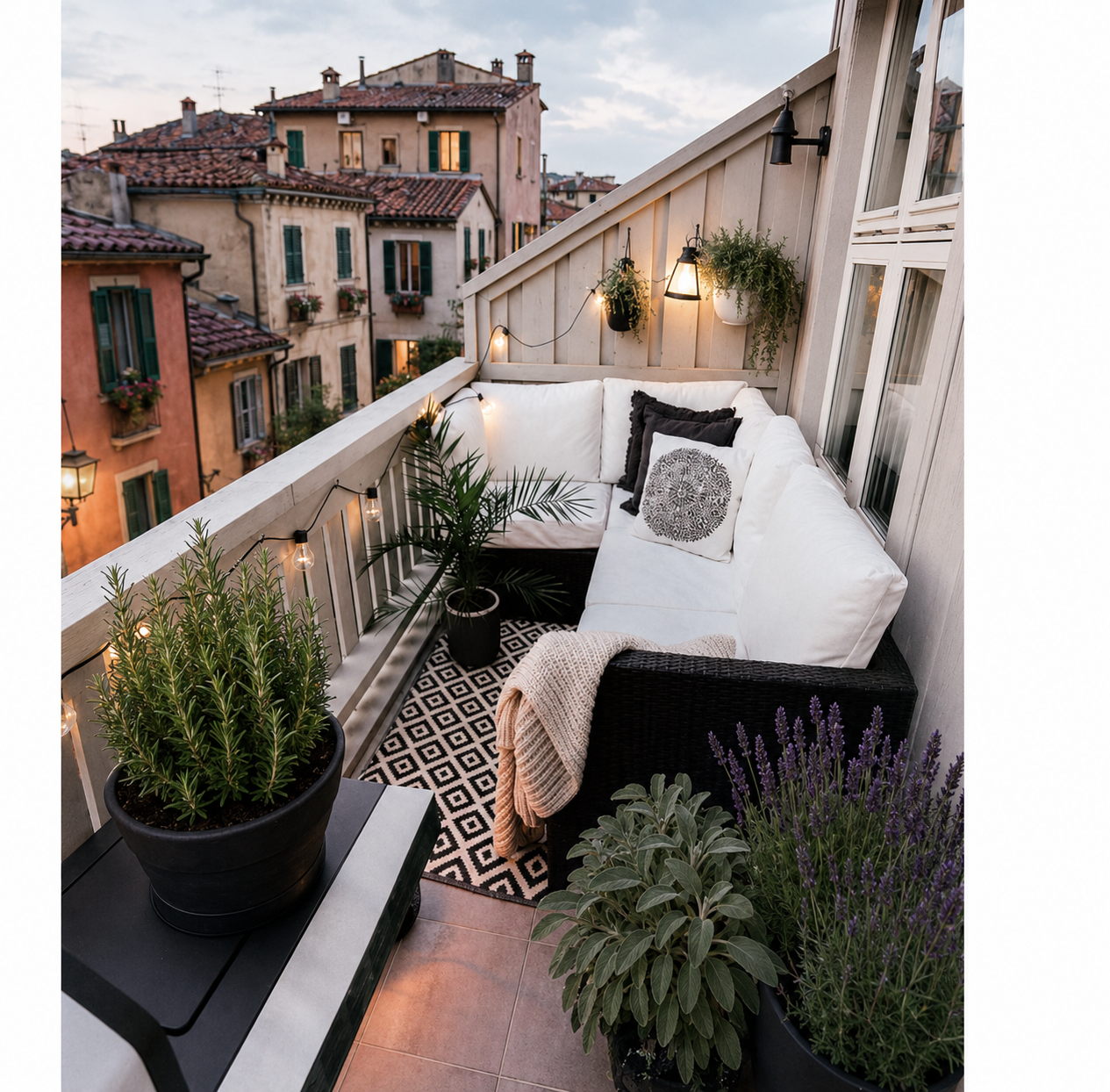 Balconcino di città arredato come angolo relax con divanetto bianco, tappeto geometrico, luci calde, vaso di rosmarino, salvia e lavanda, affacciato su case in stile italiano