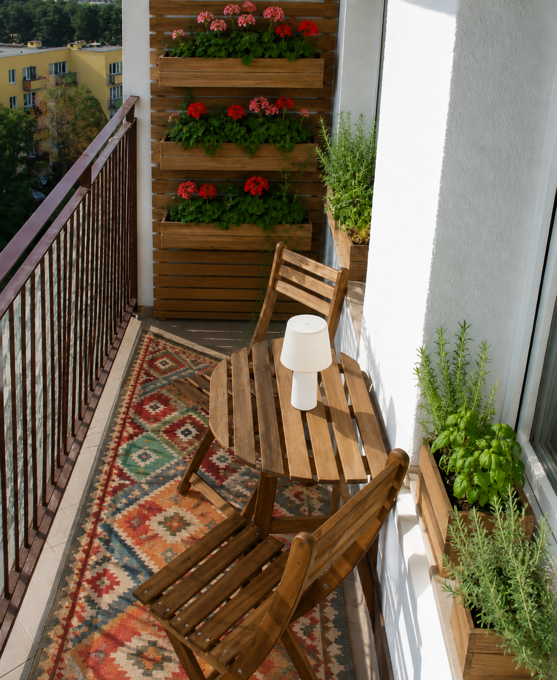 Balcone stretto e soleggiato arredato con tavolino e sedie pieghevoli in legno, tappeto da esterno colorato, fioriere laterali con aromatiche e parete di fondo con grigliato in legno e gerani