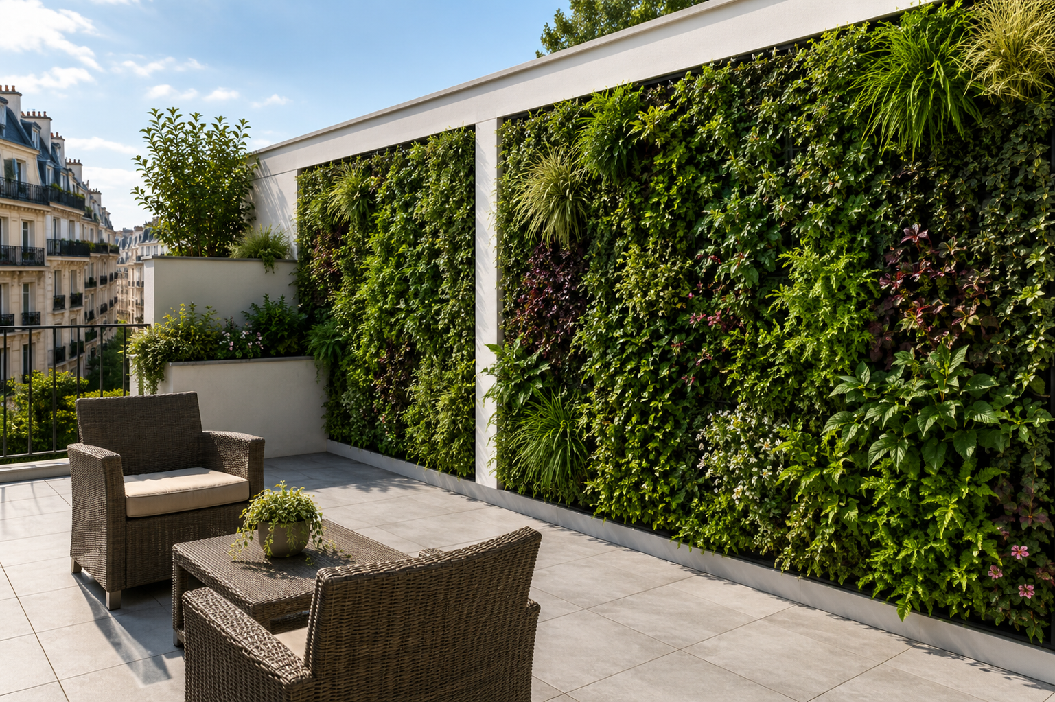 Balcone urbano con parete di verde verticale, pavimento in gres chiaro e poltroncine da esterno in stile moderno