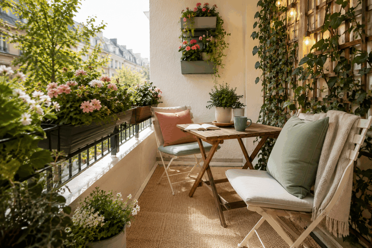 Balcone urbano piccolo arredato con tavolino pieghevole, sedie leggere, tappeto beige, cuscini color salvia e terracotta, fioriere da ringhiera e piante verticali per creare uno spazio verde accogliente