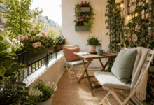 Balcone urbano piccolo arredato con tavolino pieghevole, sedie leggere, tappeto beige, cuscini color salvia e terracotta, fioriere da ringhiera e piante verticali per creare uno spazio verde accogliente