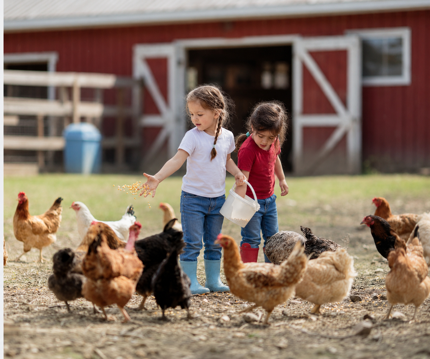 Due bambine in jeans e stivali colorati danno da mangiare alle galline in una fattoria didattica, con edificio della stalla sullo sfondo