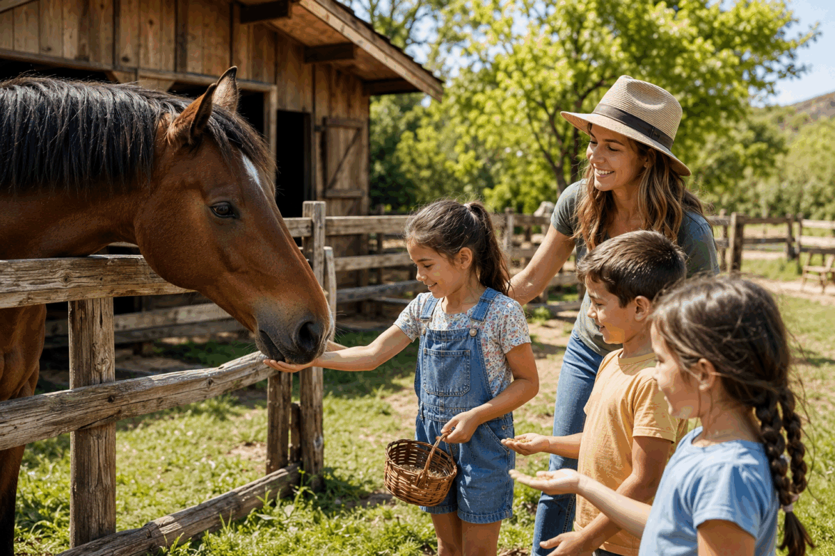 Bambini in una fattoria didattica che porgono della biada a un cavallo dentro una recinzione, accompagnati da un’educatrice in un ambiente rurale all’aperto