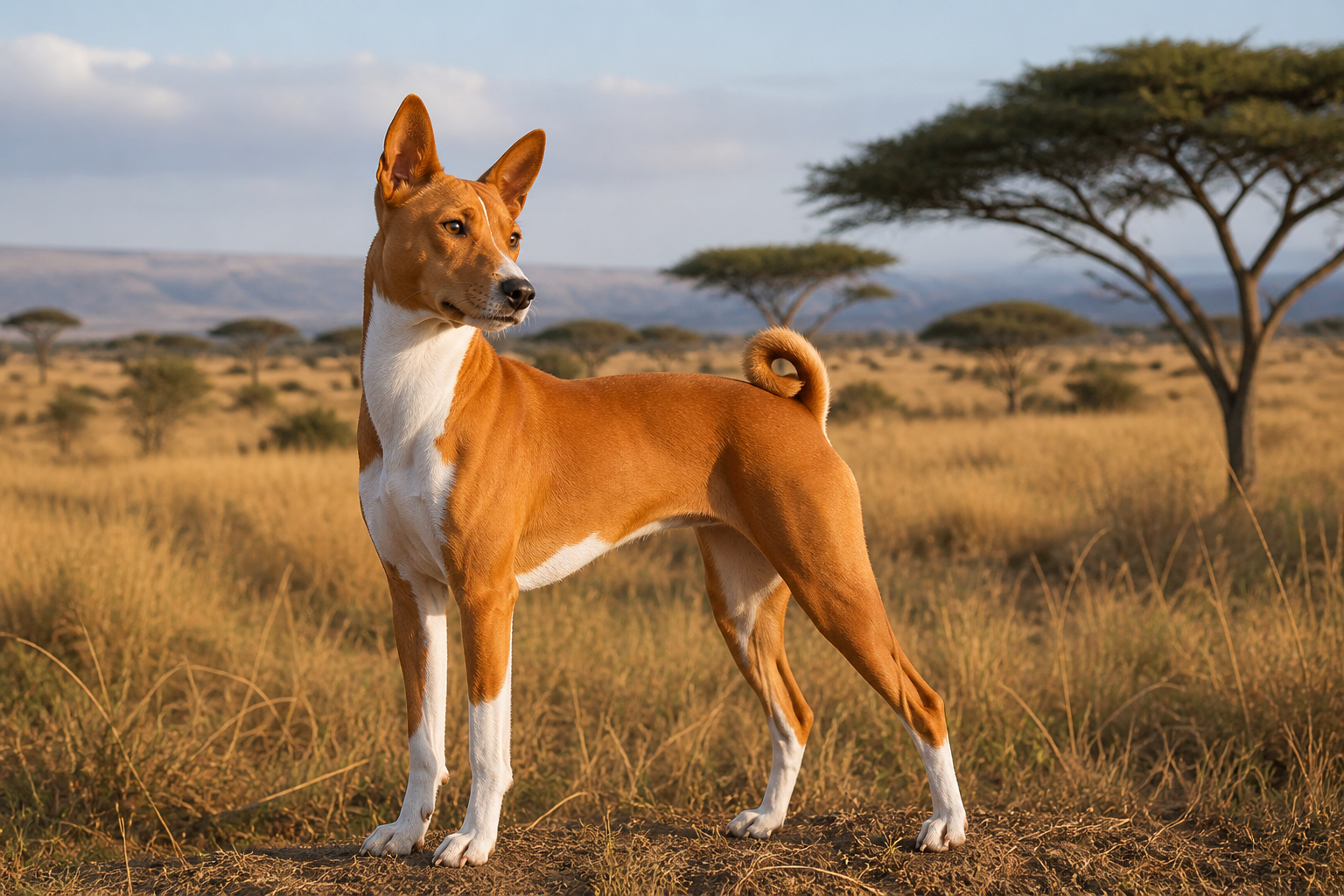 Cane Basenji nella savana africana tra erba alta e alberi di acacia nel suo ambiente naturale