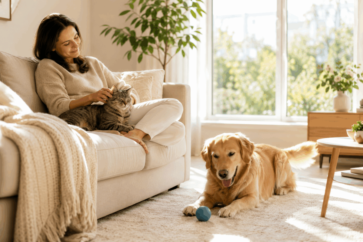 Persona seduta sul divano mentre coccola un gatto, con un cane che gioca con una pallina sul tappeto in un soggiorno luminoso e accogliente