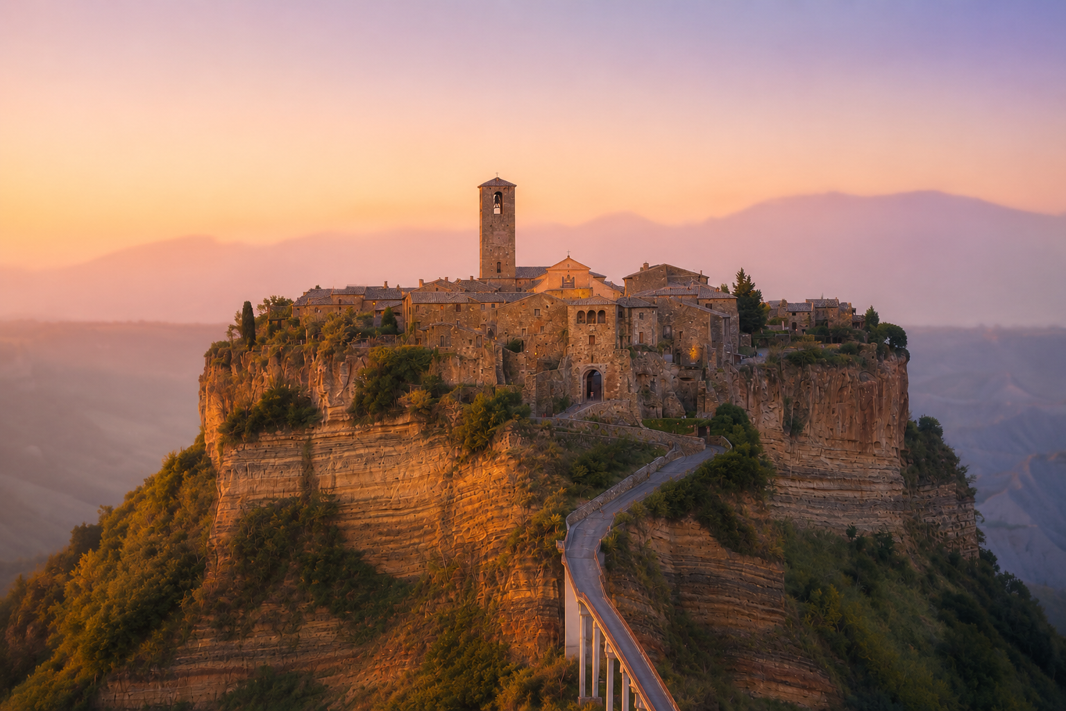 Civita di Bagnoregio al tramonto con colori dorati, ponte panoramico e montagne sfumate sullo sfondo, simbolo del turismo slow nei borghi italiani