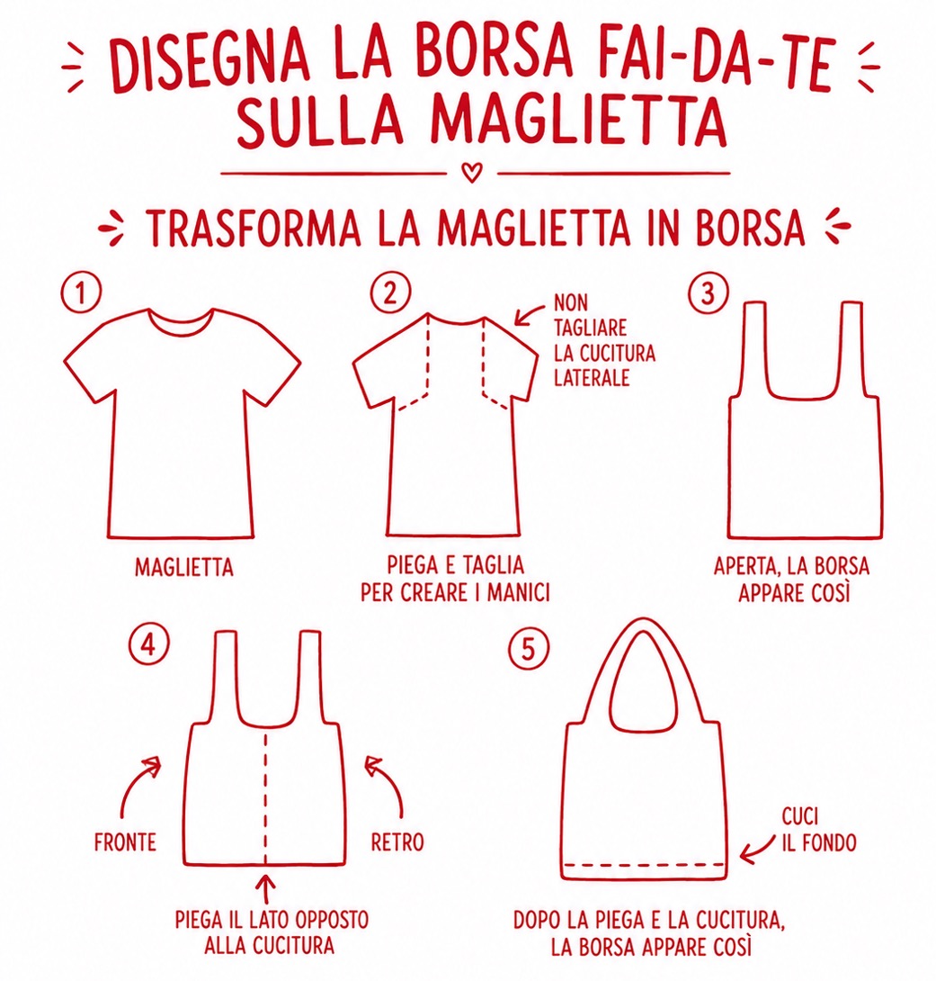 Schema illustrato in rosso su fondo bianco che mostra come ricavare una borsa fai-da-te da una maglietta e come creare una tasca interna