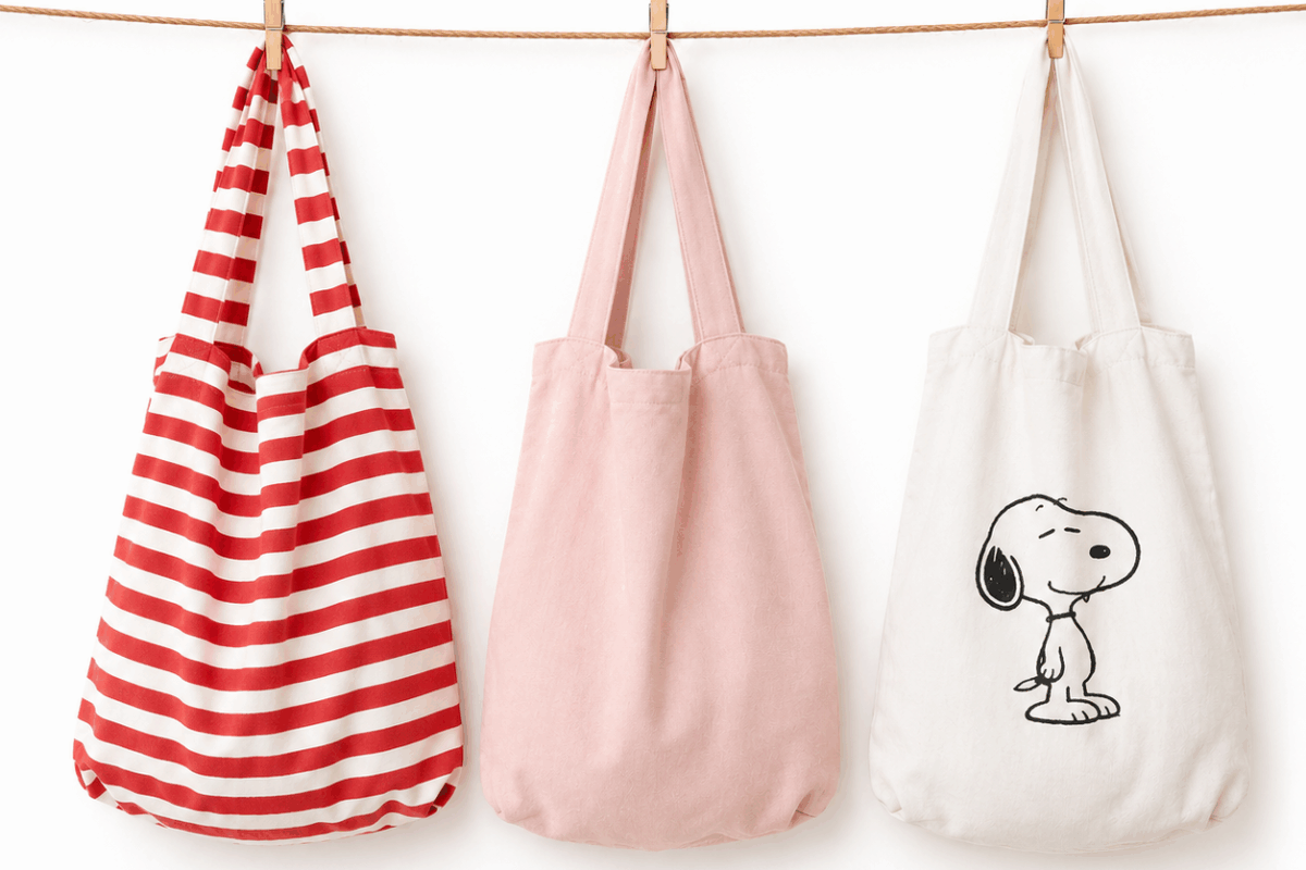 Tre borse riutilizzabili fai-da-te appese con mollette a una corda: una a righe rosse e bianche, una rosa chiaro e una bianca con disegno di Snoopy