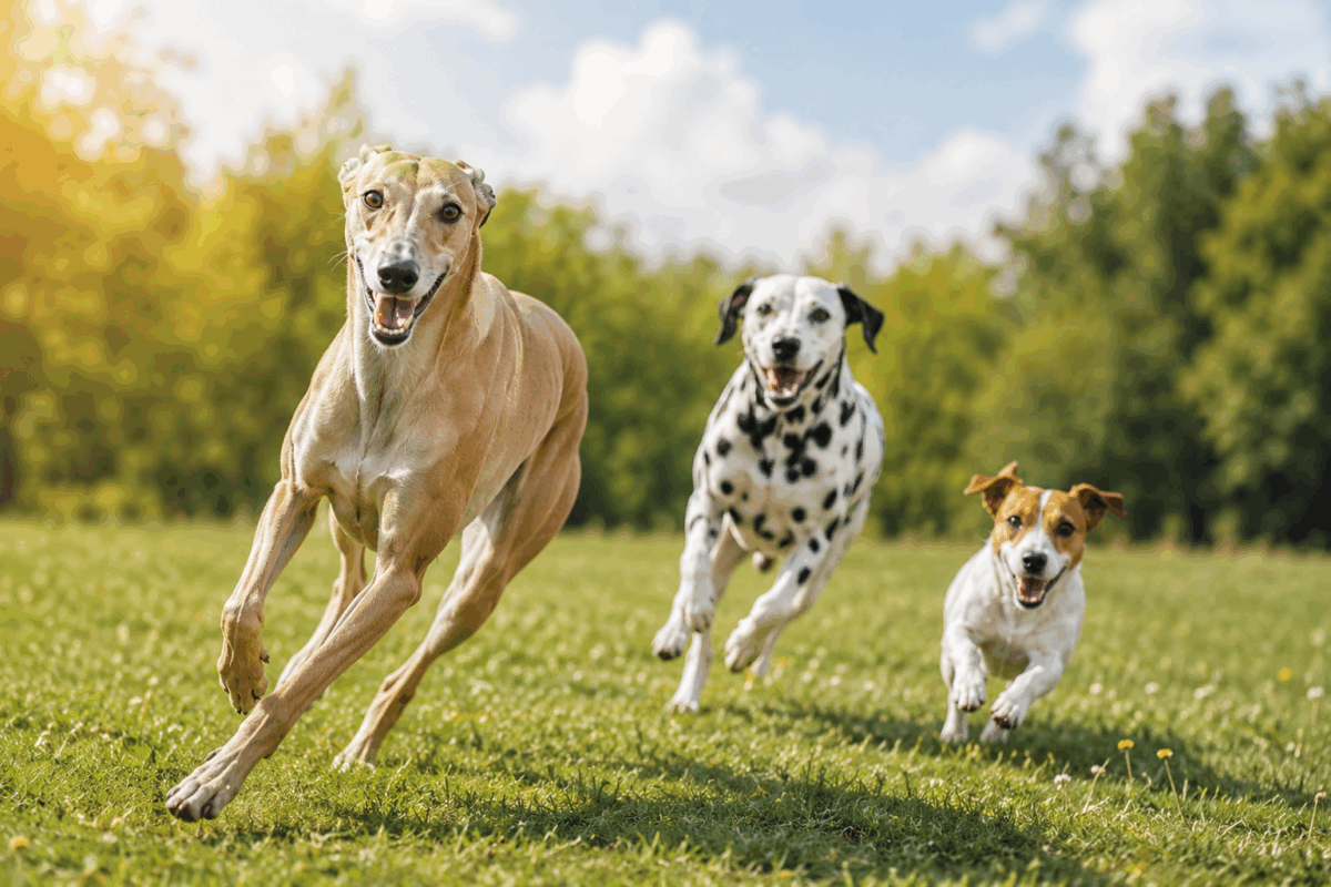 Levriero che corre veloce in un prato seguito da un dalmata e un jack russell in una giornata luminosa