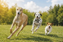 Levriero che corre veloce in un prato seguito da un dalmata e un jack russell in una giornata luminosa