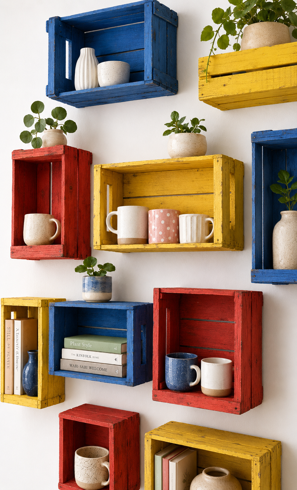 Parete bianca decorata con cassette di legno della frutta riciclate e trasformate in mensole colorate nei toni primari, con tazze, libri, piccoli vasi e piante