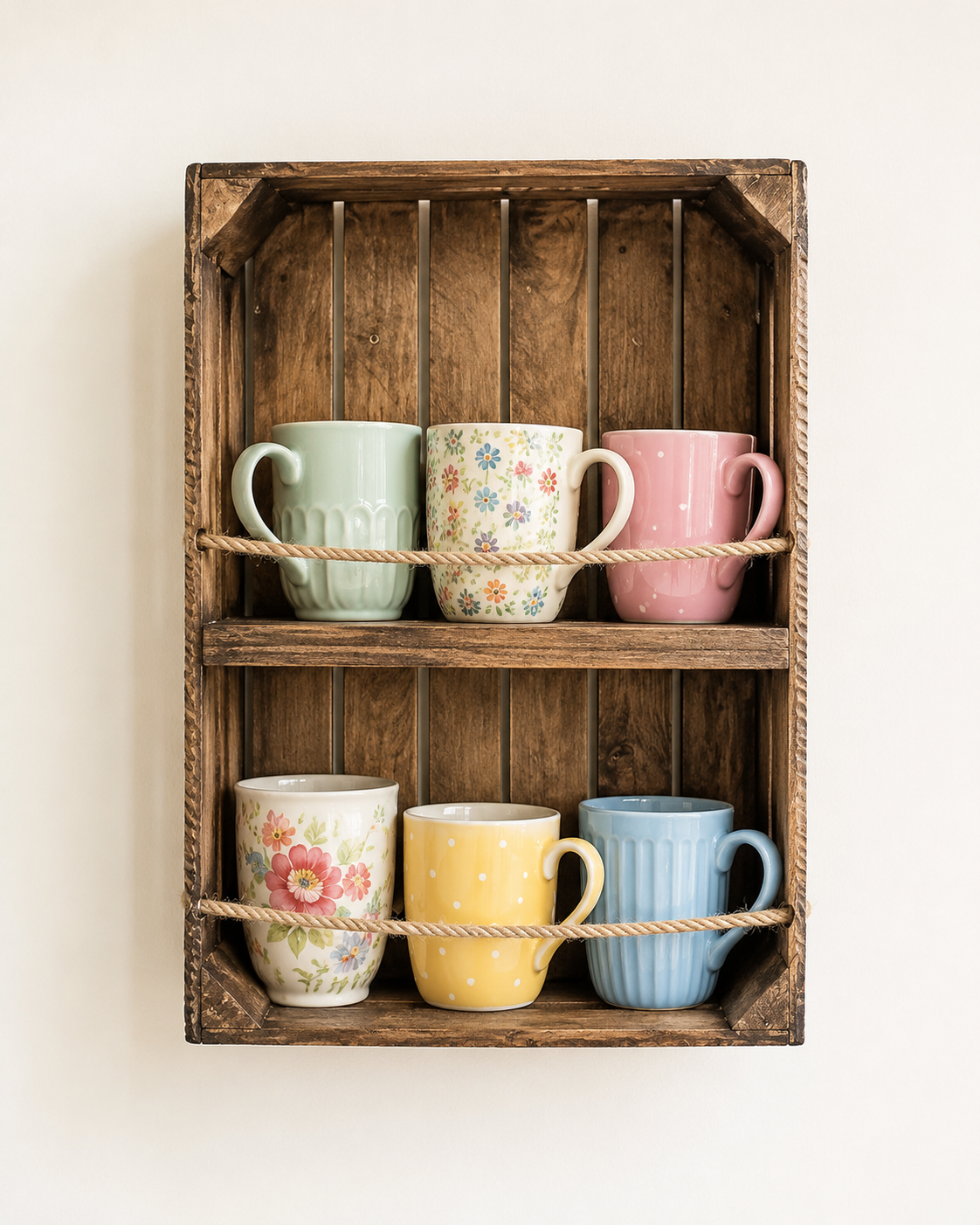 Due cassette di legno della frutta riciclate e trasformate in mensole shabby chic, con libri e con mug