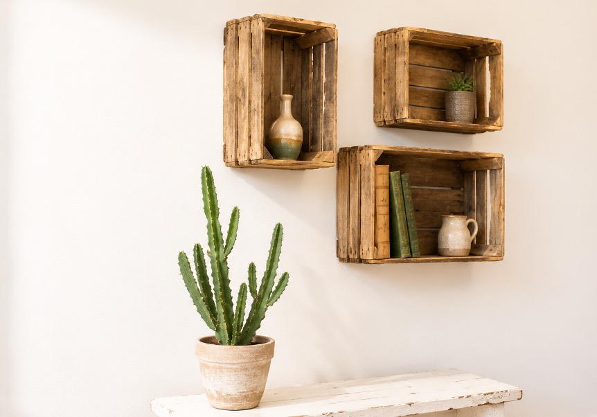 Parete bianca con cassette di legno della frutta riciclate e trasformate in mensole da parete, abbinate a un tavolino basso bianco decapato con vaso di cactus, in stile upcycling elegante e divertente