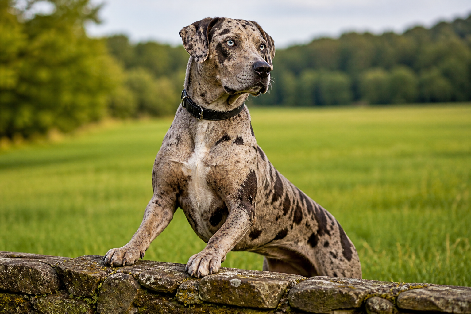 Cane leopardo Catahoula con occhi chiari appoggiato con le zampe su un muretto in una zona erbosa