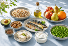 Tavola con tovaglia di lino azzurro chiaro e cibi a basso colesterolo, tra cui cereali integrali, olio EVO, avocado, mele, pere, arancia, frutta secca, sgombro, semi di lino, tofu, yogurt bianco e legumi