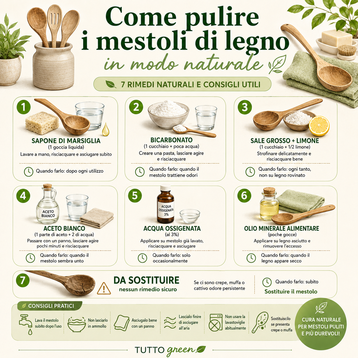Infografica con 7 rimedi naturali per pulire i mestoli di legno: sapone di Marsiglia, bicarbonato, limone, aceto, acqua ossigenata e olio minerale alimentare