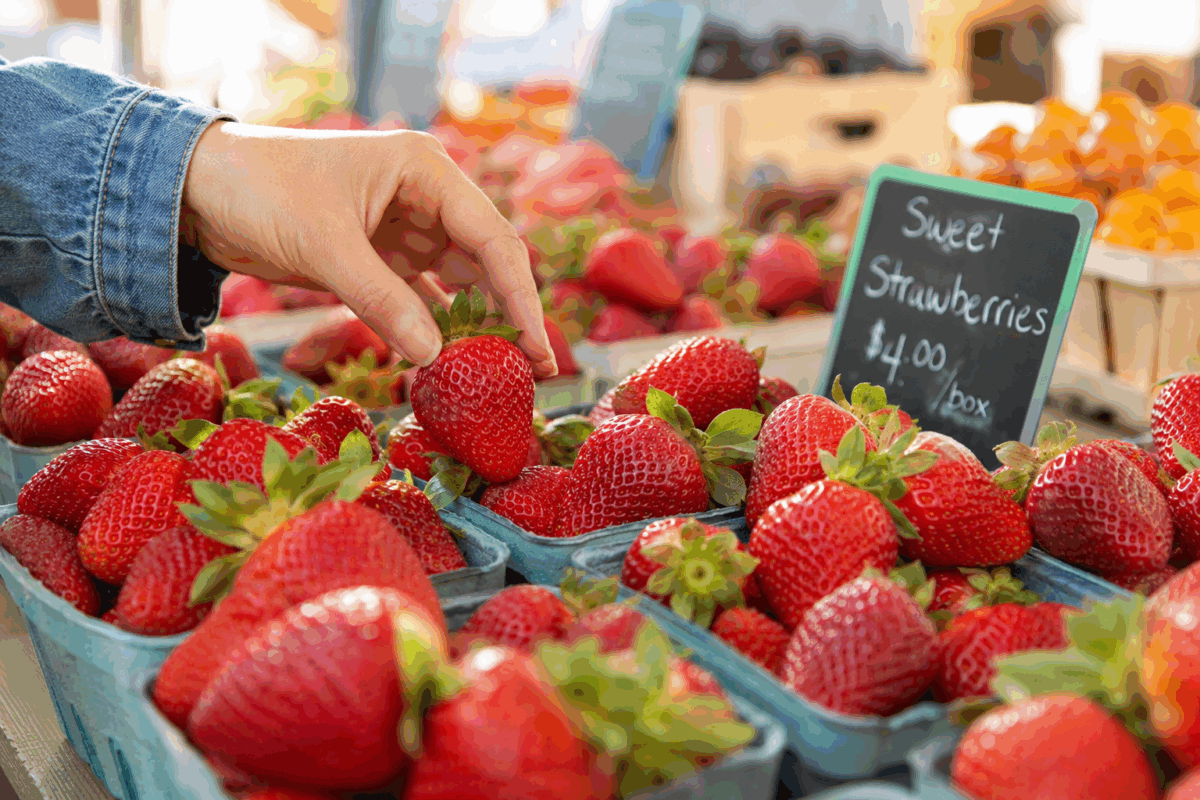Mano che sceglie fragole mature e profumate in cestini al mercato, con frutti rossi e picciolo verde fresco