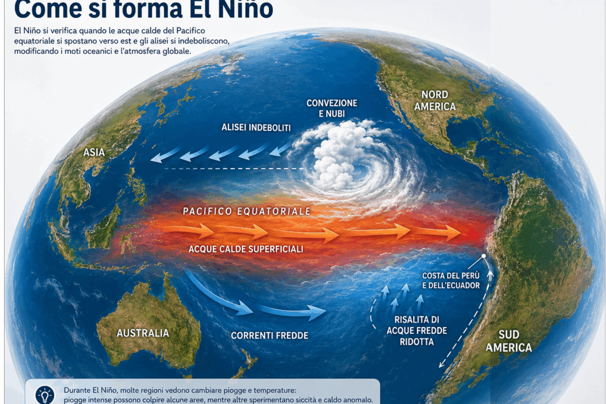 Mappamondo illustrato che mostra la formazione di El Niño nel Pacifico equatoriale, con acque calde superficiali, alisei indeboliti, correnti fredde ridotte e vortice di nubi sopra l’oceano