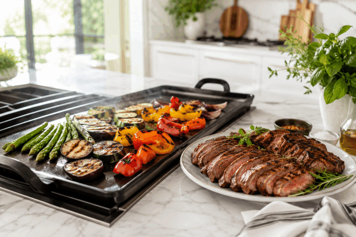 Verdure colorate che cuociono sulla piastra accanto a un piatto di carne grigliata su piano in marmo bianco in una cucina elegante e luminosa