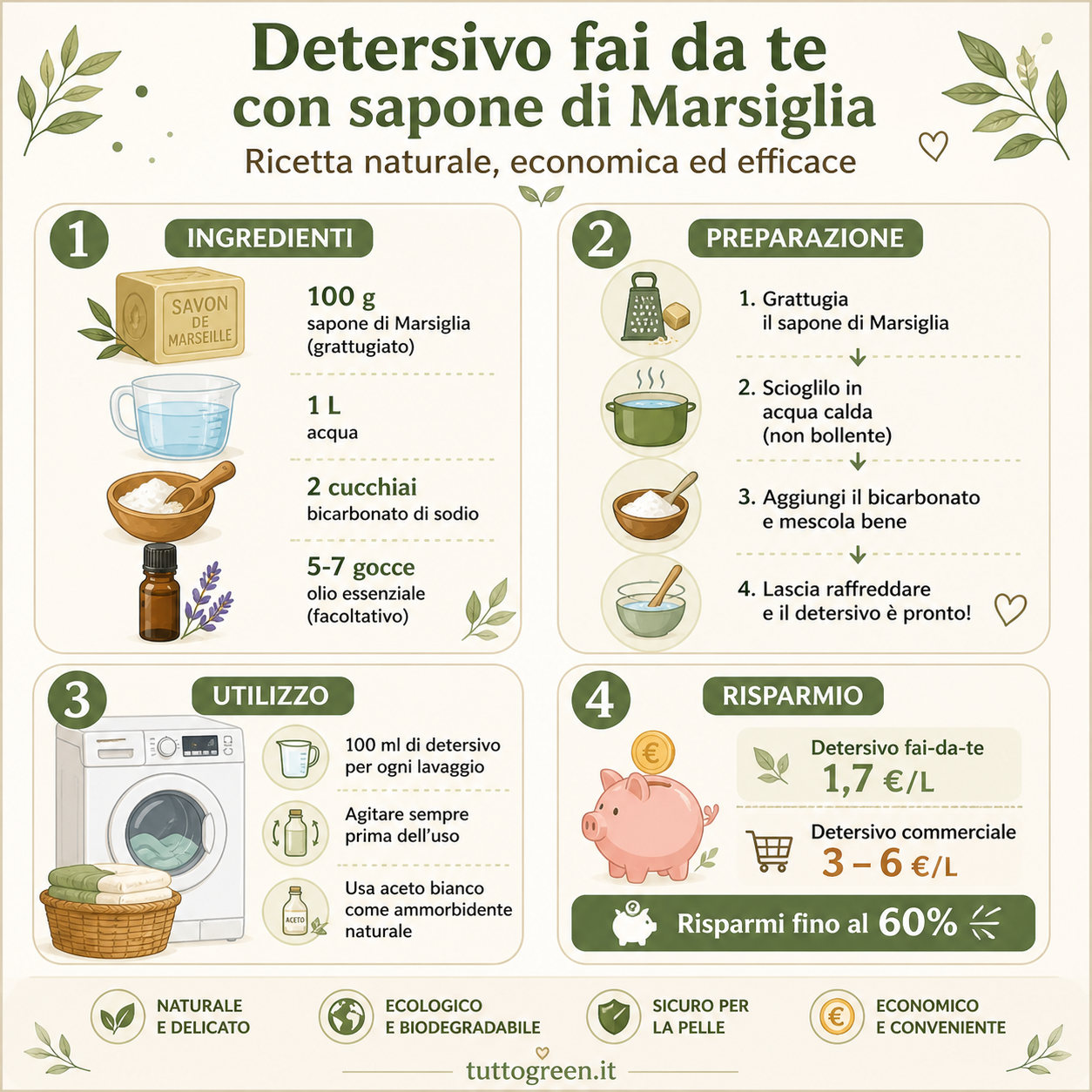 Infografica su come fare il detersivo fai da te con sapone di Marsiglia, ingredienti, preparazione, utilizzo e risparmio