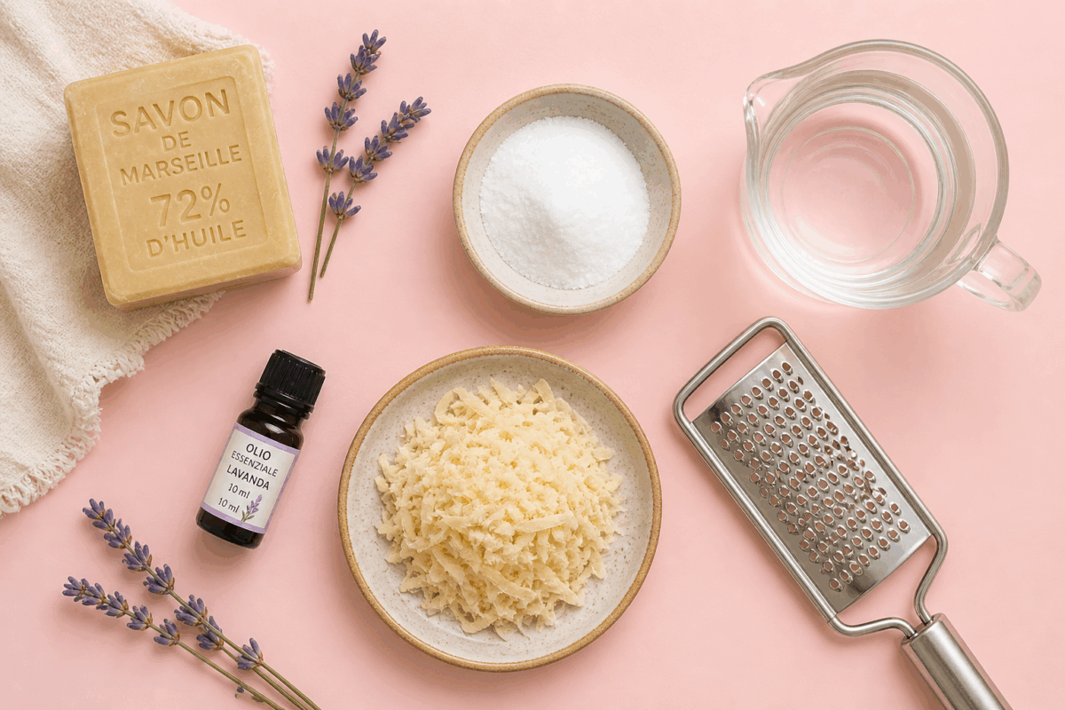 Ingredienti per detersivo fai da te con sapone di Marsiglia, bicarbonato, olio essenziale e acqua su sfondo rosa