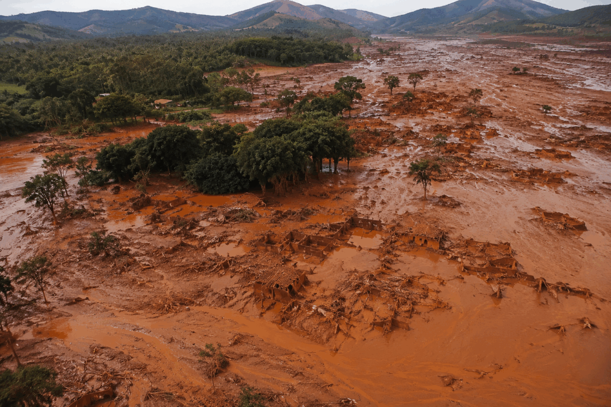 Vista aerea del disastro della diga di Mariana in Brasile con case sommerse dal fango tossico, vegetazione devastata e paesaggio contaminato dai residui minerari.