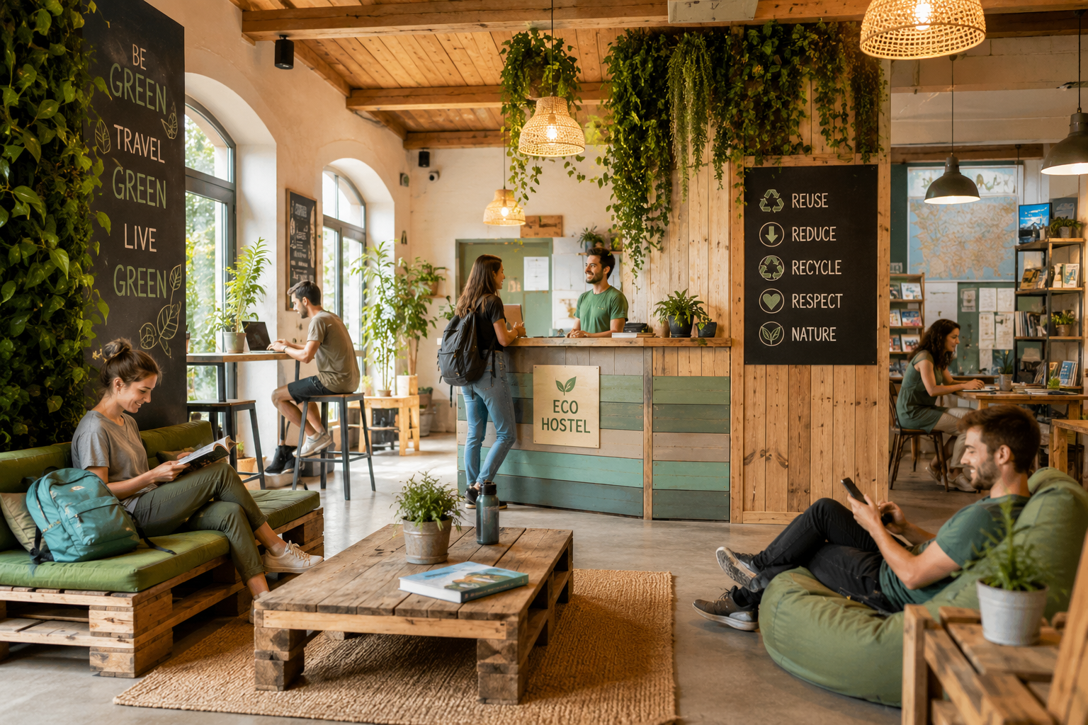 Interno luminoso di un ostello eco-sostenibile con arredi in legno riciclato, piante sospese, spazi comuni accoglienti e giovani viaggiatori in un’atmosfera green e rilassata