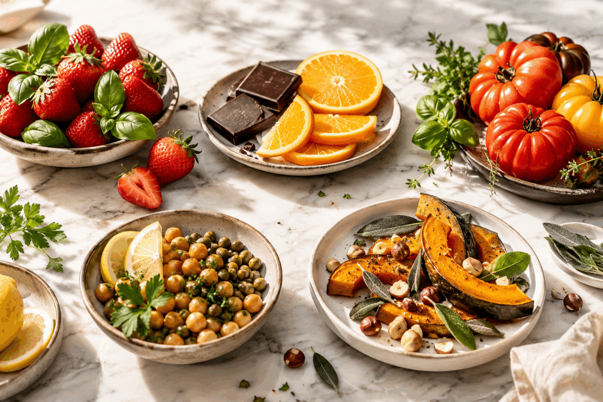 Composizione luminosa di ingredienti per food pairing su piano in marmo chiaro: fragole con basilico, cioccolato con arancia, pomodori con erbe aromatiche, ceci con limone e capperi, zucca con salvia e nocciole.
