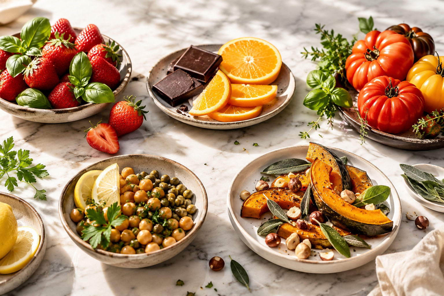 Composizione luminosa di ingredienti per food pairing su piano in marmo chiaro: fragole con basilico, cioccolato con arancia, pomodori con erbe aromatiche, ceci con limone e capperi, zucca con salvia e nocciole.
