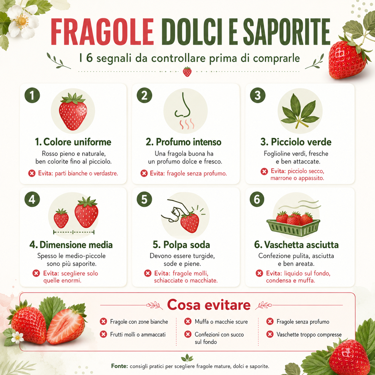Infografica con i 6 segnali per scegliere fragole dolci e saporite: colore uniforme, profumo intenso, picciolo verde, dimensione media, polpa soda e vaschetta asciutta