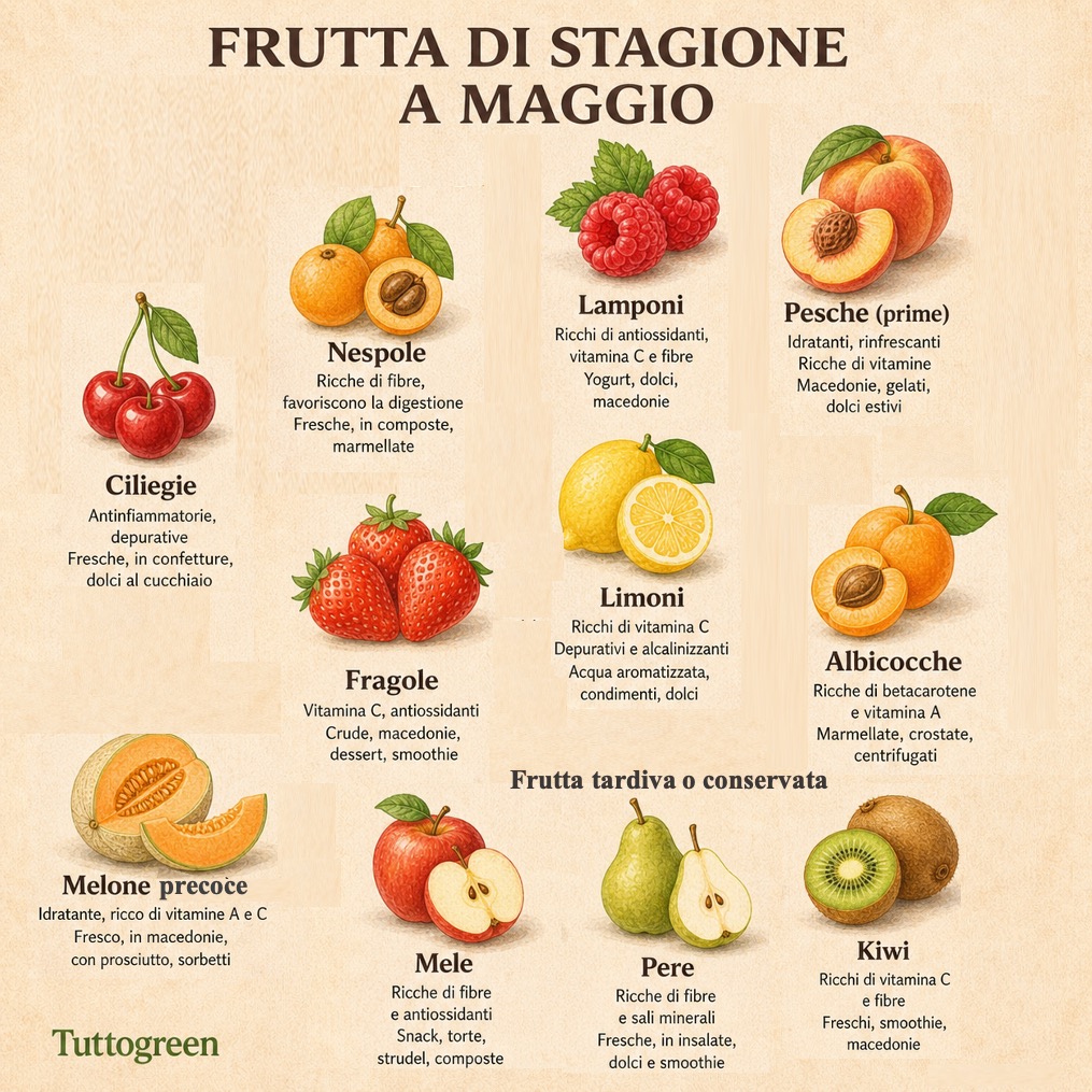 Infografica sulla frutta di stagione di maggio in Italia con fragole, ciliegie, nespole, albicocche, pesche e frutti di bosco con proprietà e usi in cucina
