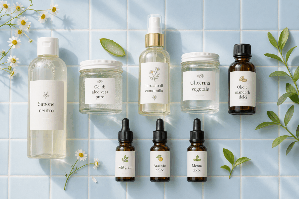 Ingredienti naturali per gel doccia di primavera fai da te con sapone neutro, aloe vera, idrolato di camomilla, glicerina vegetale, olio di mandorle dolci e oli essenziali su piastrelle azzurre