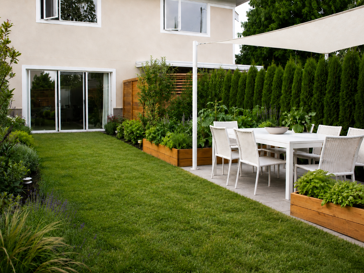 Giardino estivo curato con prato verde, tavolo e sedie bianche sotto una vela ombreggiante, fioriere in legno, piante rigogliose e siepe 